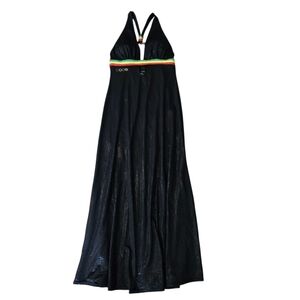 Coogi Long Halter Maxi Dress Black Allover Logo Print Jamaica Rasta Y2K Medium